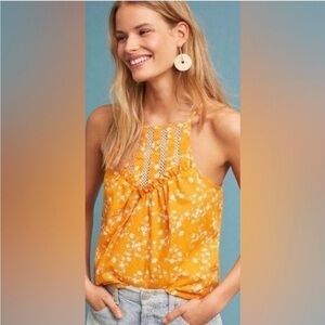 Anthropologie Maeve Yellow‎ Floral Tank Top 100% Cotton Button Back Crochet Boho